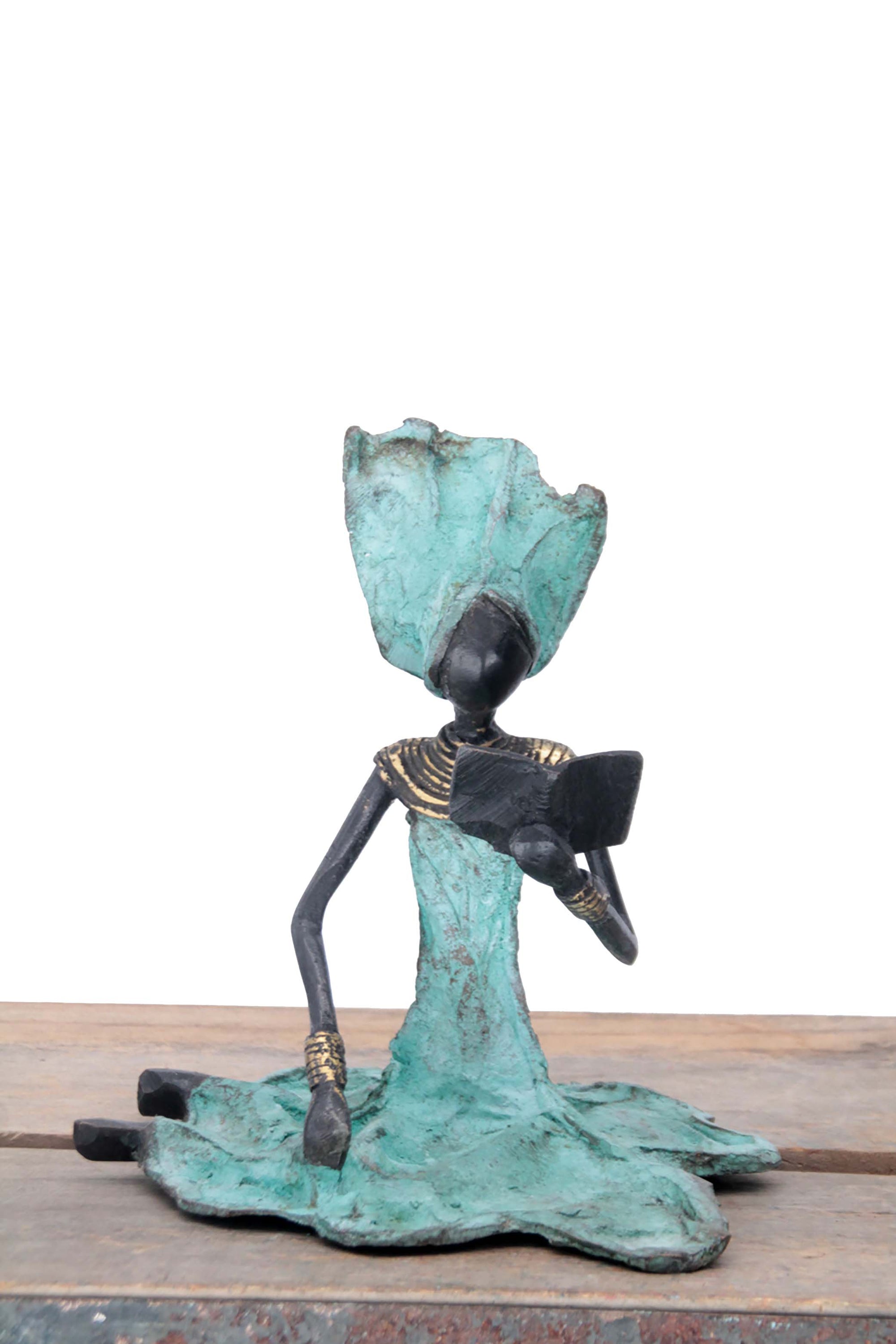 Bronze assis au sol 25 cm turquoise n°6 Bronzes d'Afrique