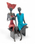 Bronze couple assis 20 cm rouge & bleu n°2