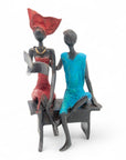 Bronze couple assis 20 cm rouge & bleu n°2