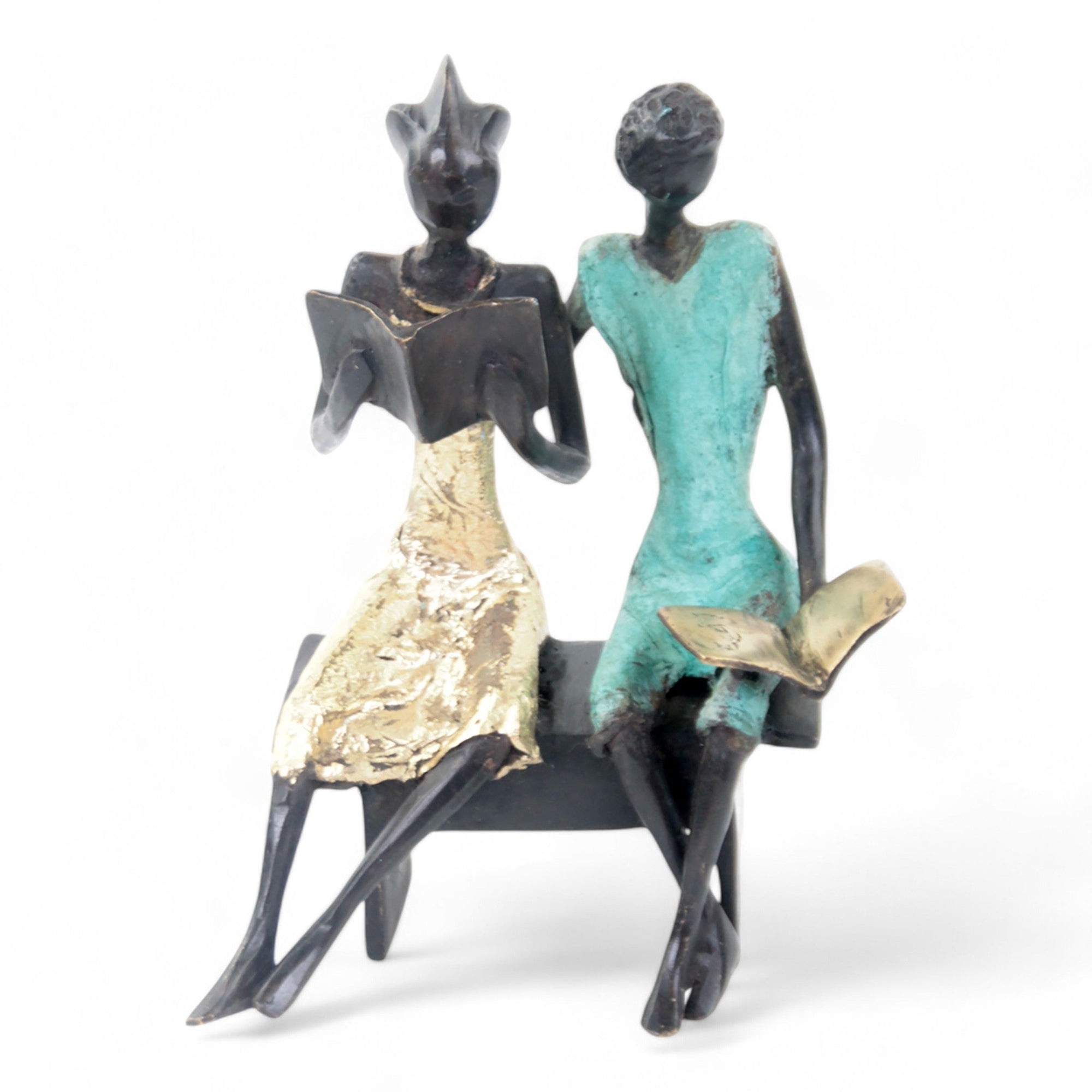 Bronze couple assis 20 cm doré et turquoise n°1 Bronzes d'Afrique