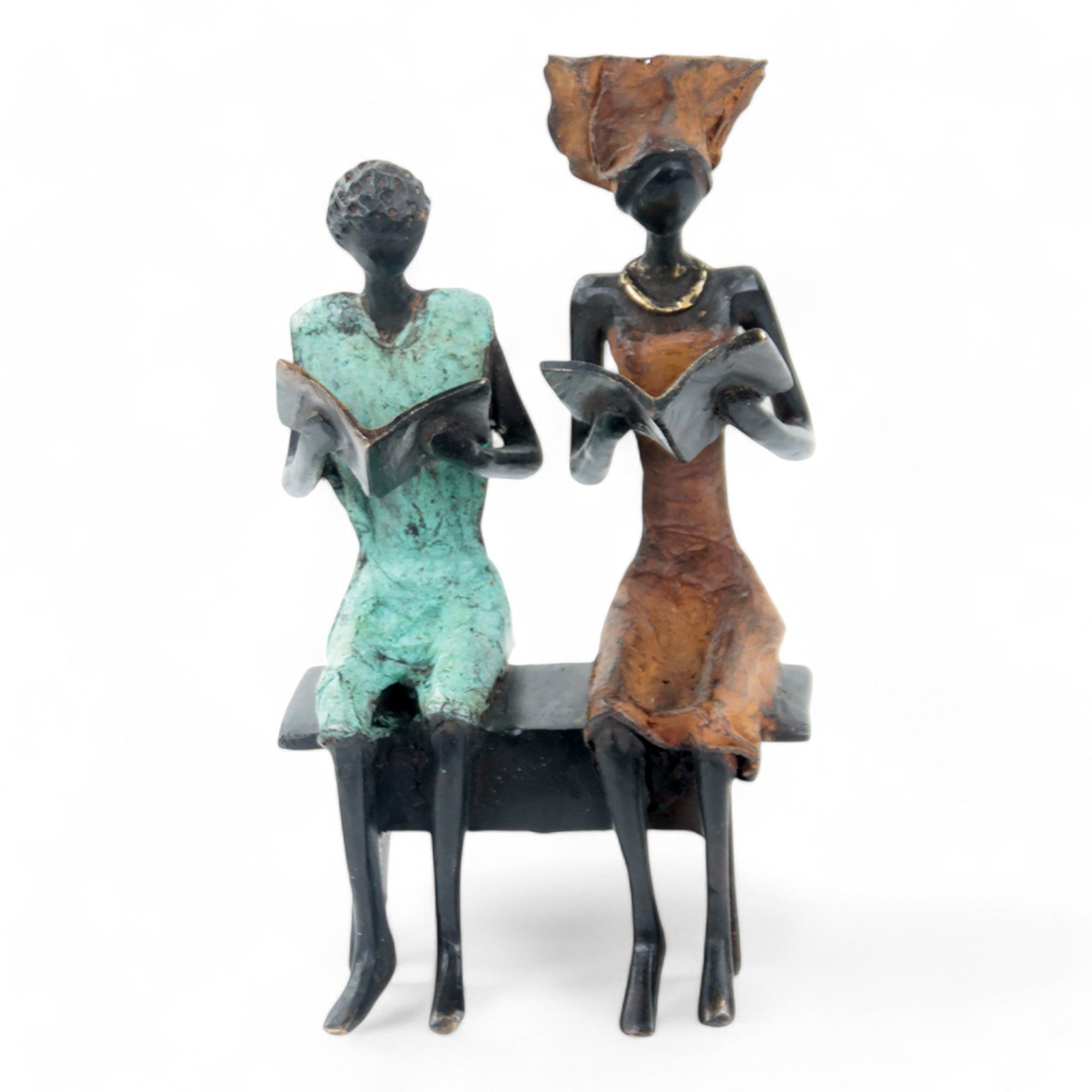 Bronze couple assis 20 cm marron et turquoise n°1 Bronzes d'Afrique