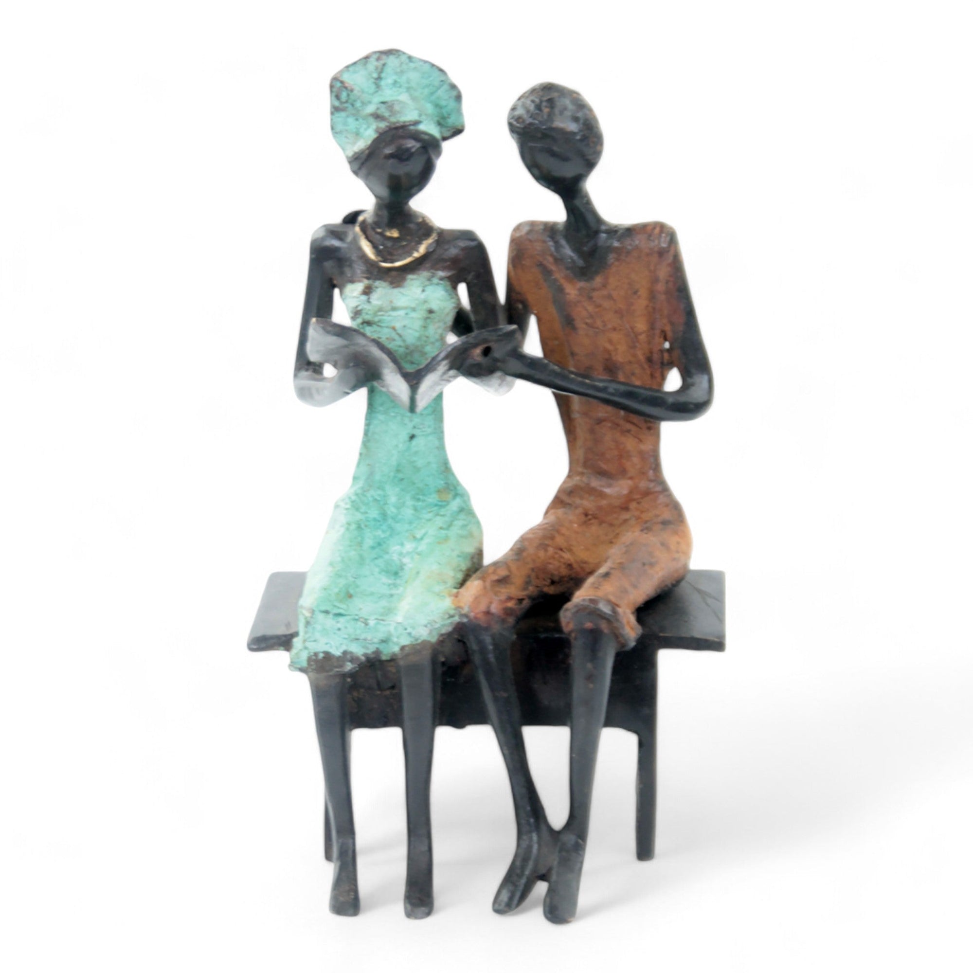 Bronze couple assis 20 cm marron et turquoise n°2 Bronzes d'Afrique