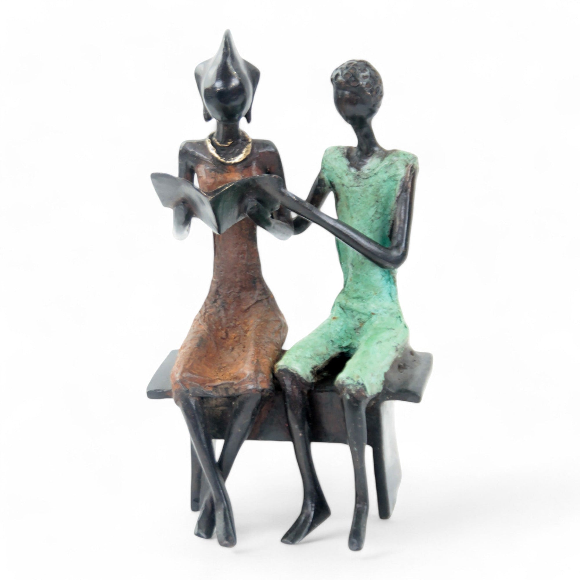 Bronze couple assis 20 cm marron et turquoise n°3 Bronzes d'Afrique