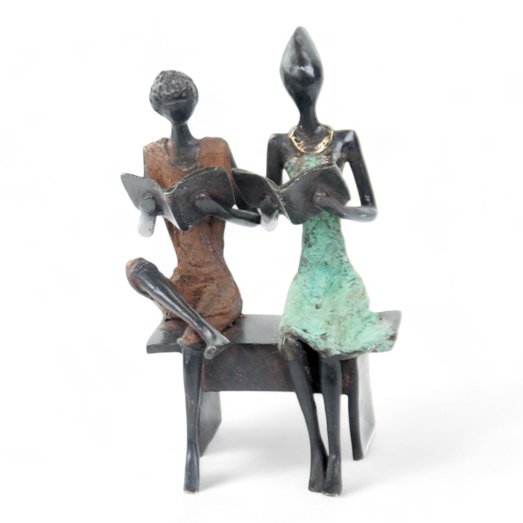 Bronze couple assis 20 cm marron et turquoise n°4 Bronzes d'Afrique