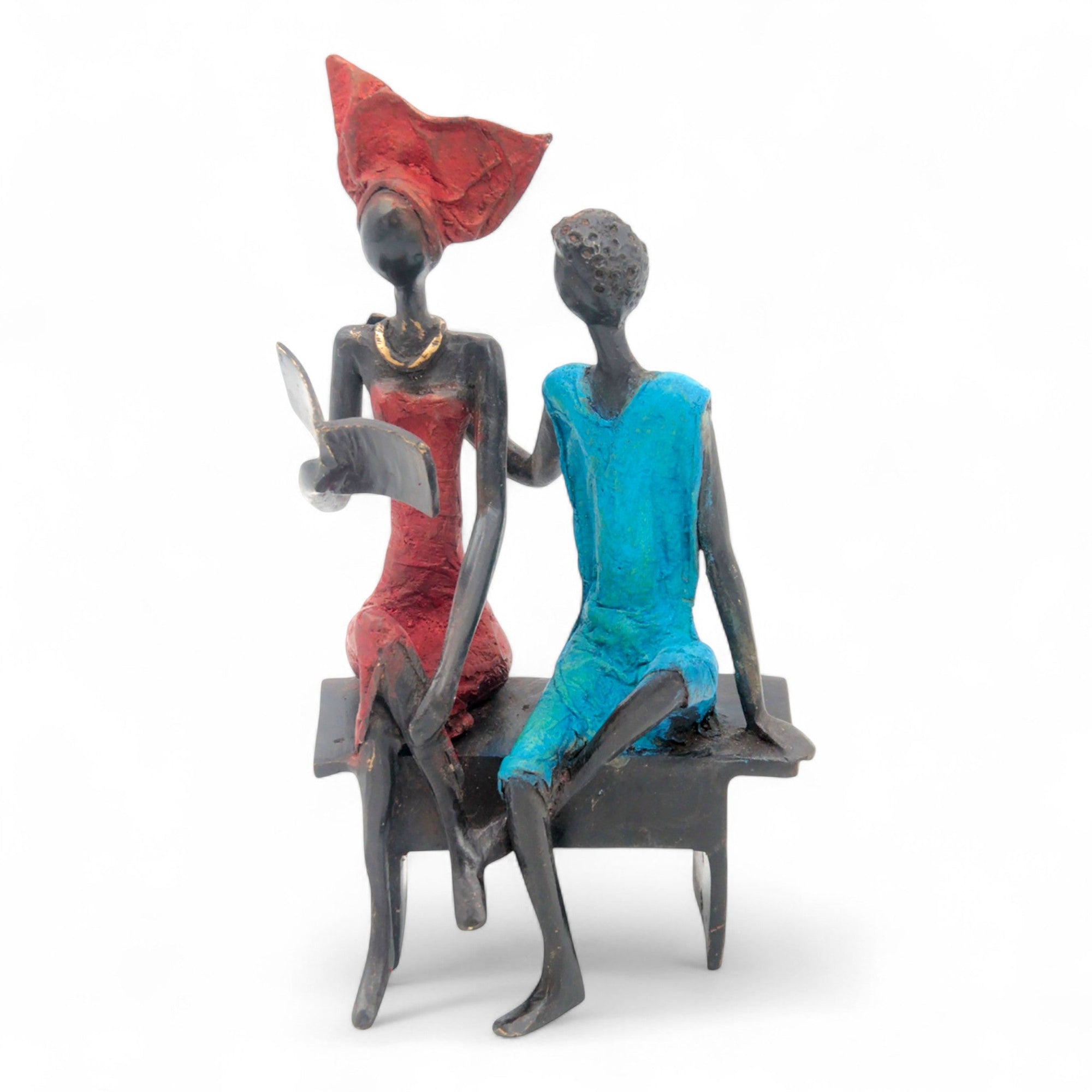 Bronze couple assis 20 cm rouge & bleu n°2 