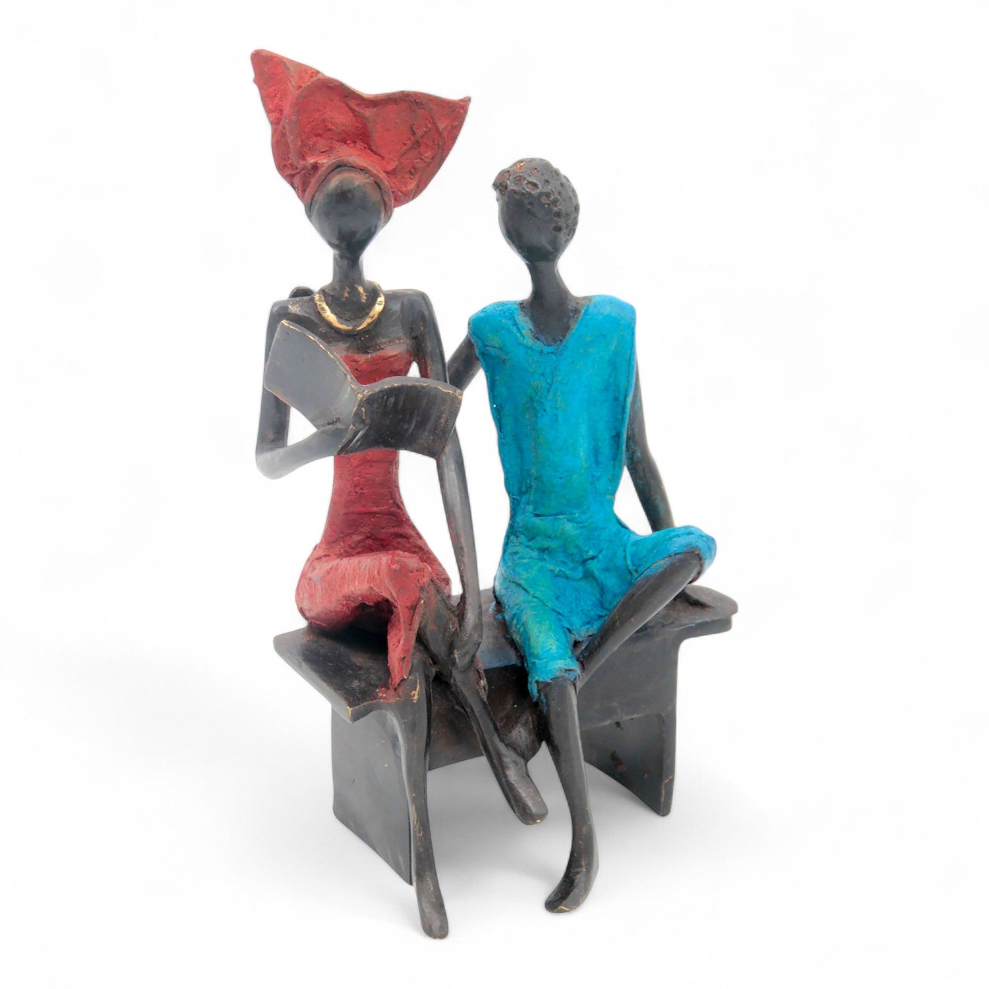 Bronze couple assis 20 cm rouge & bleu n°2 
