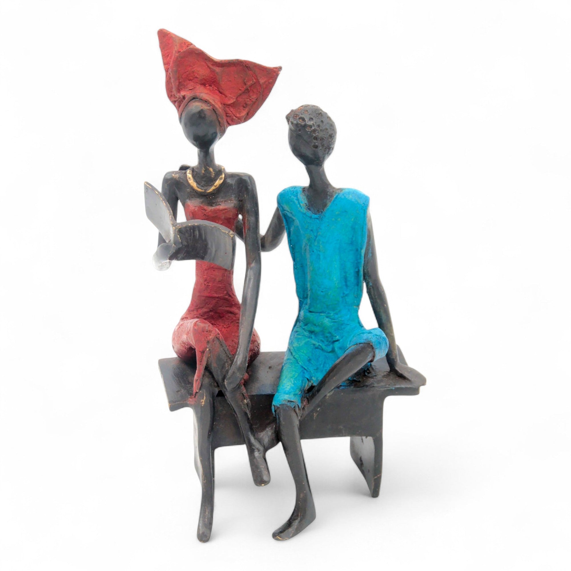 Bronze couple assis 20 cm rouge & bleu n°2 