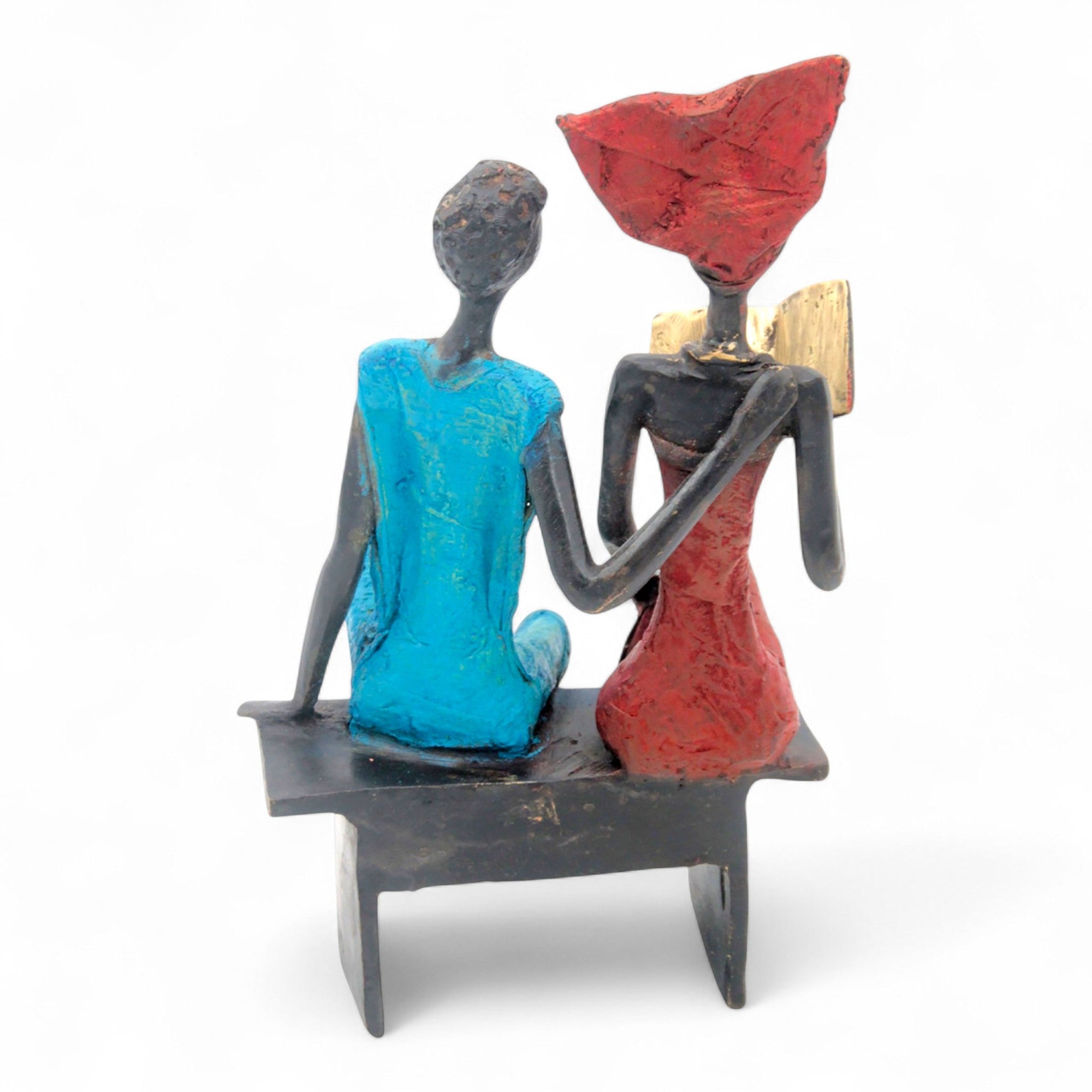 Bronze couple assis 20 cm rouge & bleu n°2 
