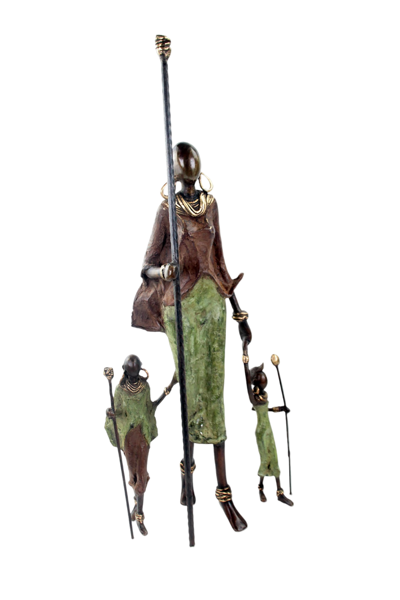 Famille Massaï 50 cm marron &amp; verte n°1 Bronzes d&#39;Afrique