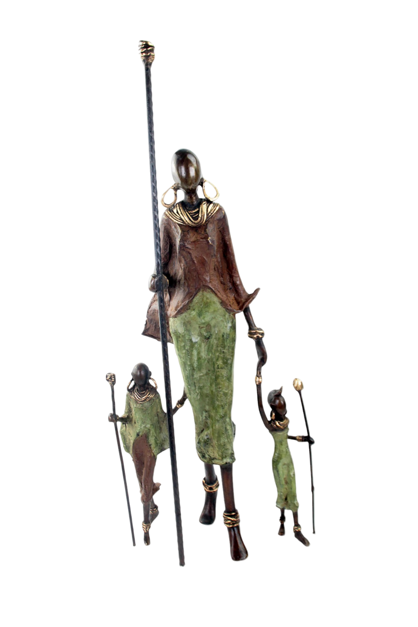 Famille Massaï 50 cm marron &amp; verte n°1 Bronzes d&#39;Afrique