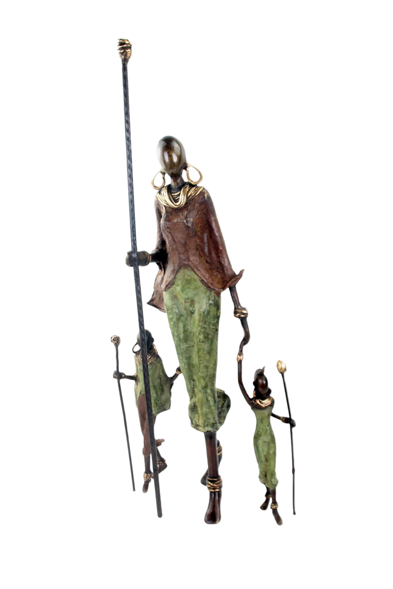 Famille Massaï 50 cm marron &amp; verte n°1 Bronzes d&#39;Afrique